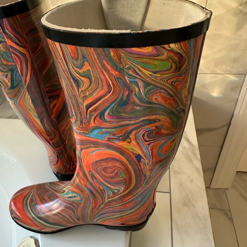 Corkys Women’s Rain Boots – Colorful Swirl Design Size 7